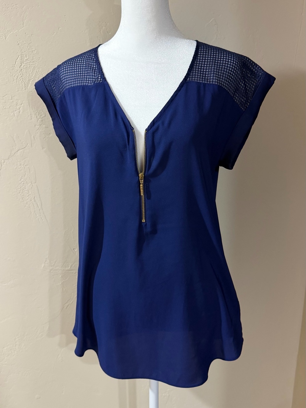 Express Royal Blue Half-Zip Sheer Mesh Yoke Top (NWOT)